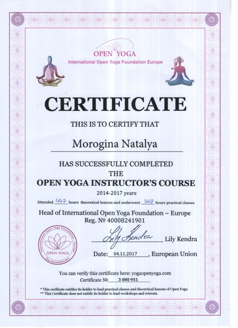 Umnova Natalya Open Yoga Instructor Certificate
