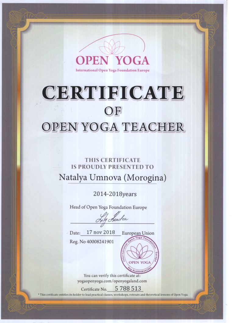 Umnova Natalya Open Yoga Teacher Certificate